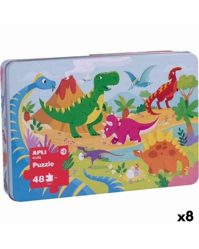 Apli Dinosaurussen puzzle with 48 pieces, colorful dinosaur images on 48-piece educational jigsaw puzzle for kids.