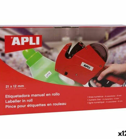 Apli handmatige labelmachine with 21x12 mm labels, shown with a label strip ready for use, ideal for office and stationery needs.
