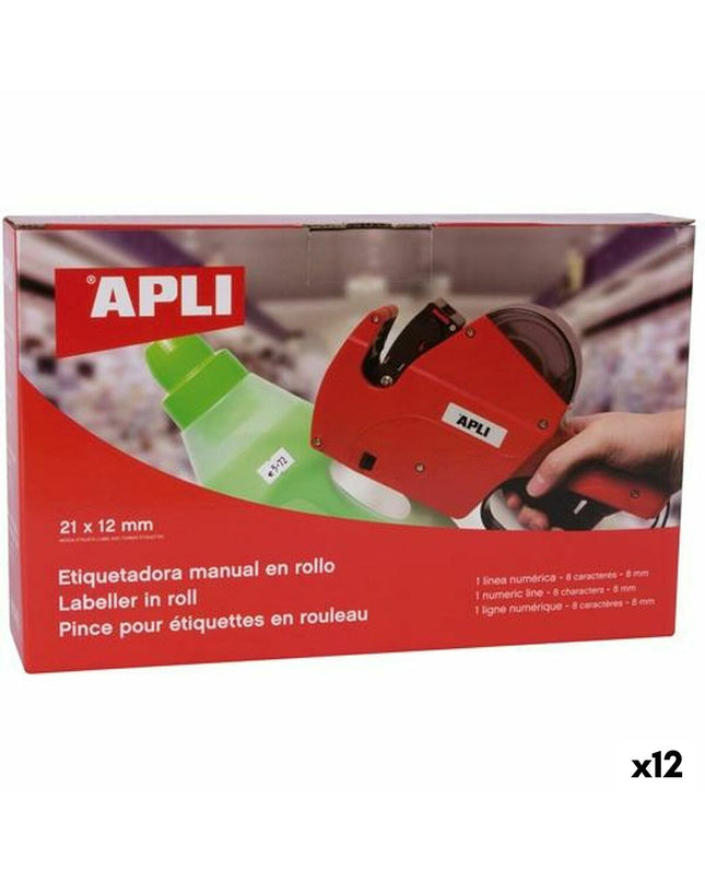 Apli handmatige labelmachine with 21x12 mm labels, shown with a label strip ready for use, ideal for office and stationery needs.