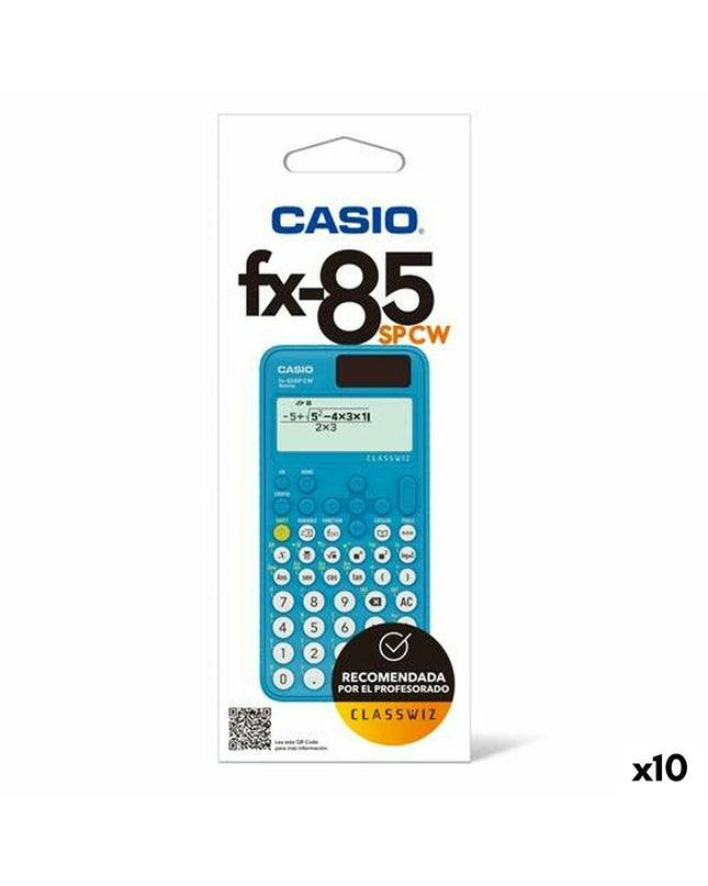Set of 10 Casio FX-85SPCW scientific calculators in blue, ideal for office and school use, featuring digital display and scientific functions.