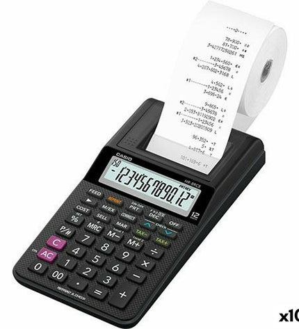 Ten black Casio HR-8RCE printing calculators for office use, showing their compact design and keypad layout.