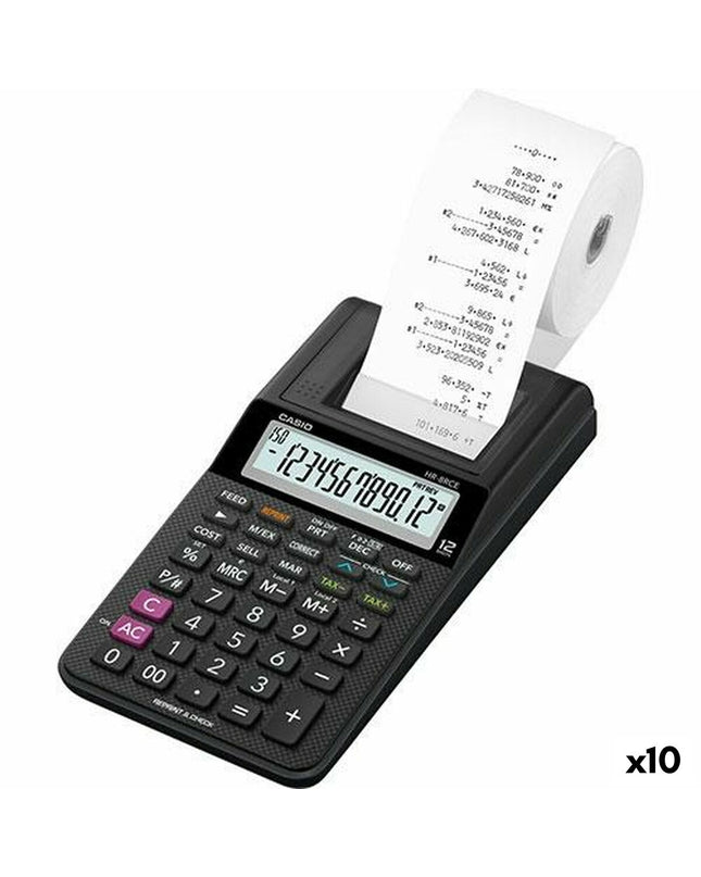 Ten black Casio HR-8RCE printing calculators for office use, showing their compact design and keypad layout.