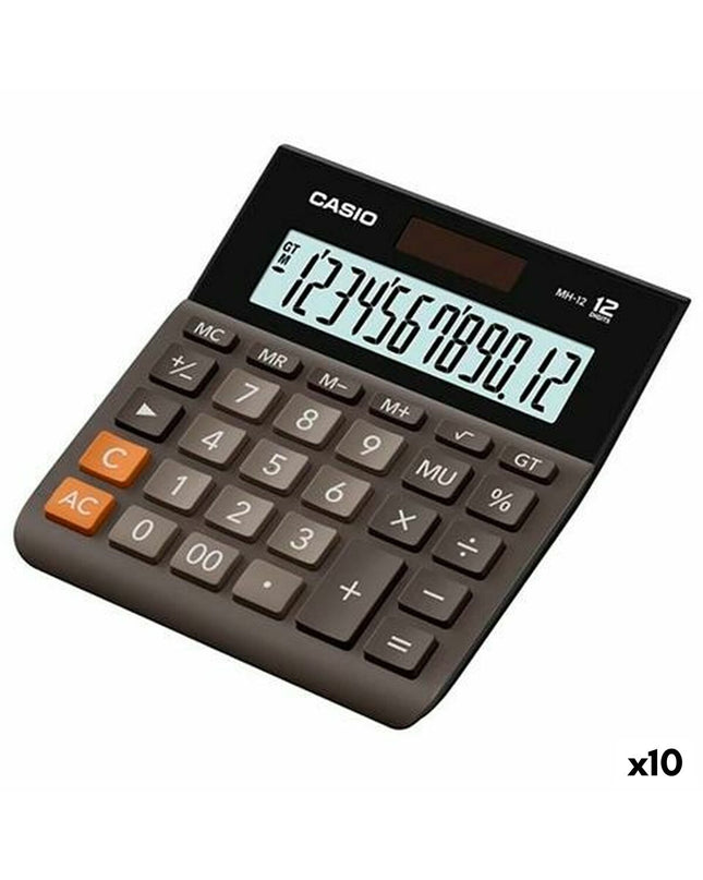 Casio MH-12B black calculator with 13.6 x 12.7 x 2.7 cm dimensions, shown in a set of 10 for office and stationery use.