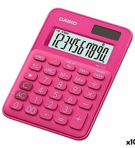 Ten red Casio calculators for office use, compact electronic devices with numeric keypads and display screens.
