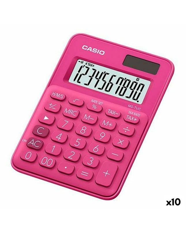 Ten red Casio calculators for office use, compact electronic devices with numeric keypads and display screens.