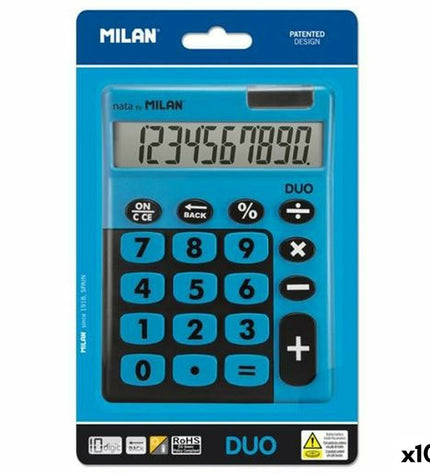 Blue Milan TOUCH DUO calculator, compact office electronic device with 14.5 x 10.6 x 2.1 cm dimensions, set of 10 units.