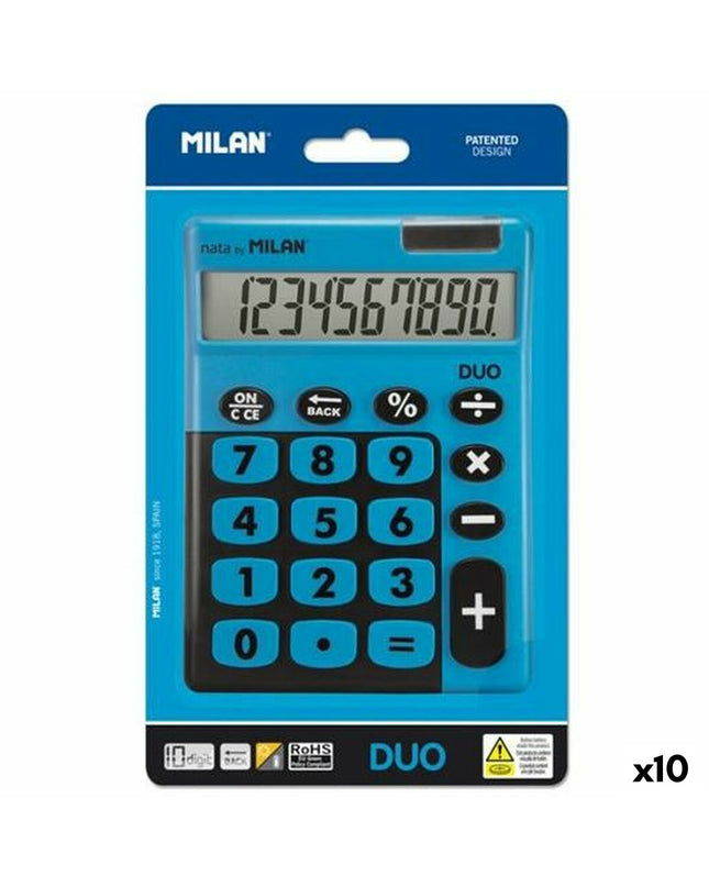 Blue Milan TOUCH DUO calculator, compact office electronic device with 14.5 x 10.6 x 2.1 cm dimensions, set of 10 units.