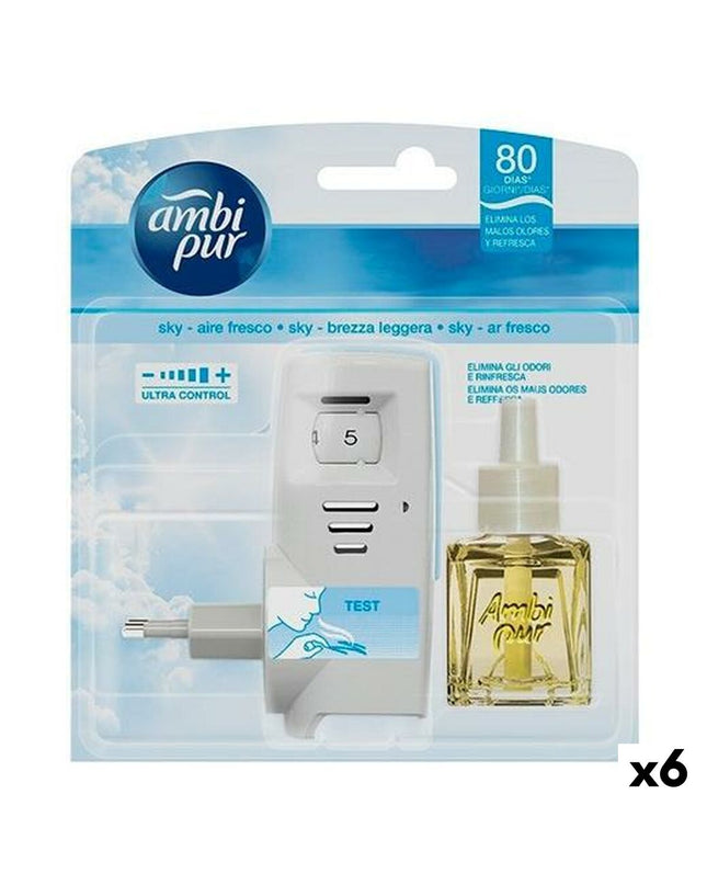 Ambi Pur Fris electric air freshener and refill pack with six 21 ml bottles for home and kitchen use.