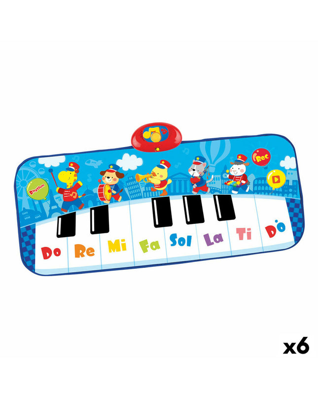 Blue Winfun toy piano featuring six animal-themed mini pianos, perfect for children's musical play and learning.