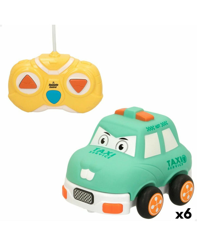 Six green Colorbaby remote control police cars, toy vehicles measuring 13x9x10 cm, for children’s play and games.