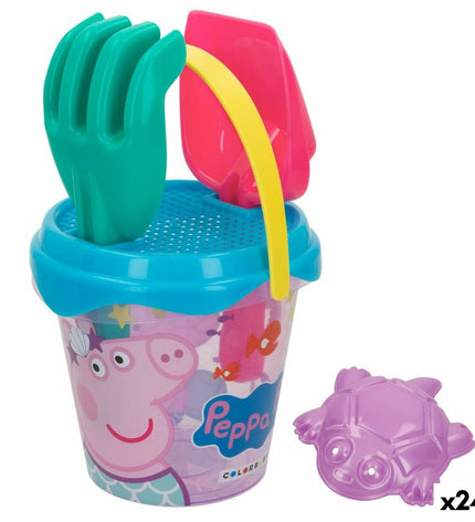 Peppa Pig strandspeelgoedset with 24 colorful pieces, 14 x 12.5 x 14 cm, for outdoor play and fun.