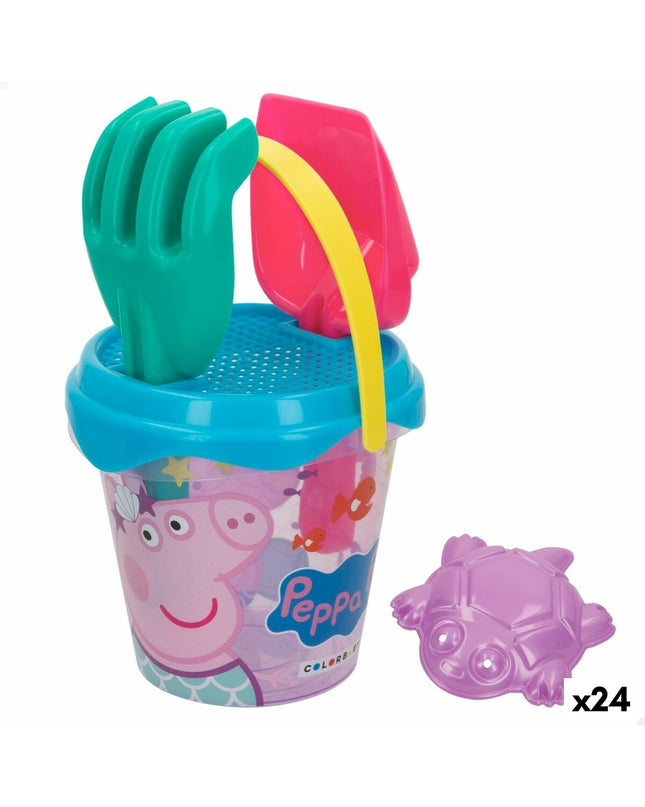 Peppa Pig strandspeelgoedset with 24 colorful pieces, 14 x 12.5 x 14 cm, for outdoor play and fun.
