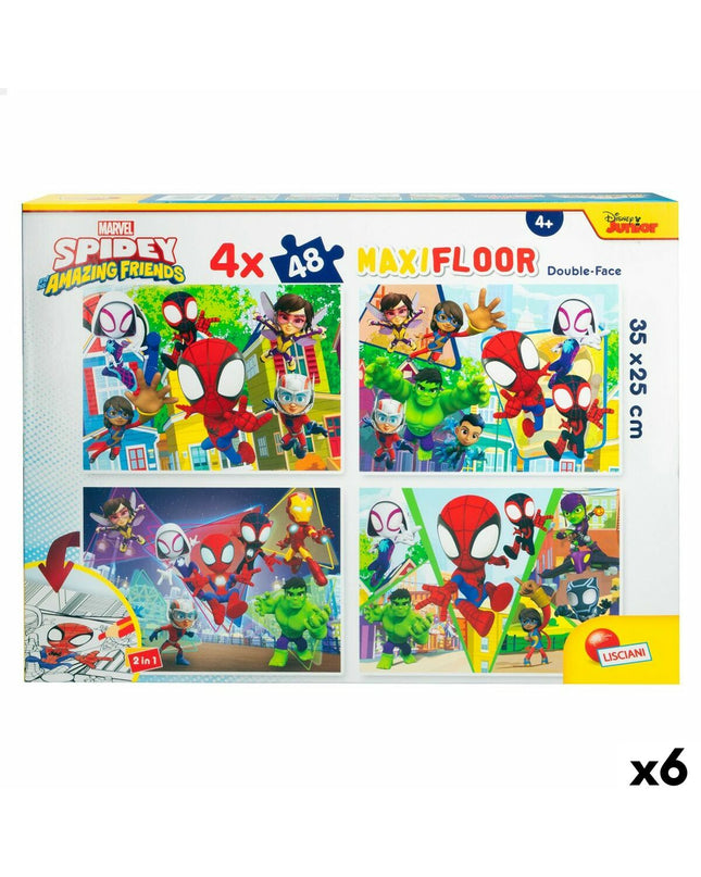 Set of 4 Spidey puzzles with 48 pieces each, featuring superhero designs, measuring 35 x 1.5 x 25 cm, for kids and puzzle enthusiasts.