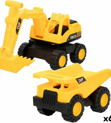 Set of six Speed & Go toy construction vehicles in 18.5 x 10.5 x 10 cm sizes, colorful and designed for children.