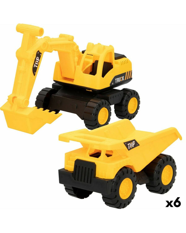 Set of six Speed & Go toy construction vehicles in 18.5 x 10.5 x 10 cm sizes, colorful and designed for children.