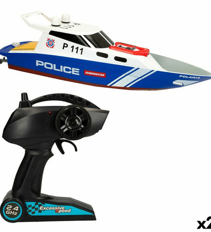Pair of Colorbaby remote-controlled toy boats in vibrant colors, designed for children, with detailed boat icons visible.