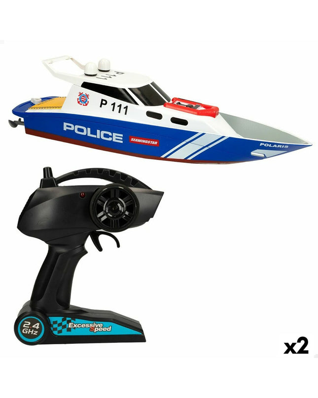 Pair of Colorbaby remote-controlled toy boats in vibrant colors, designed for children, with detailed boat icons visible.
