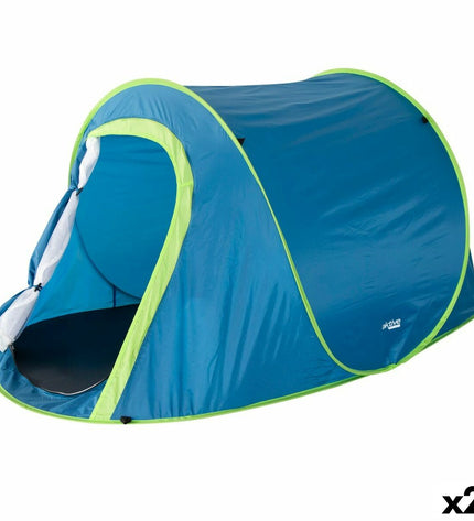 Two Aktive camping tents in green with mesh windows, set up outdoors for camping and outdoor activities.