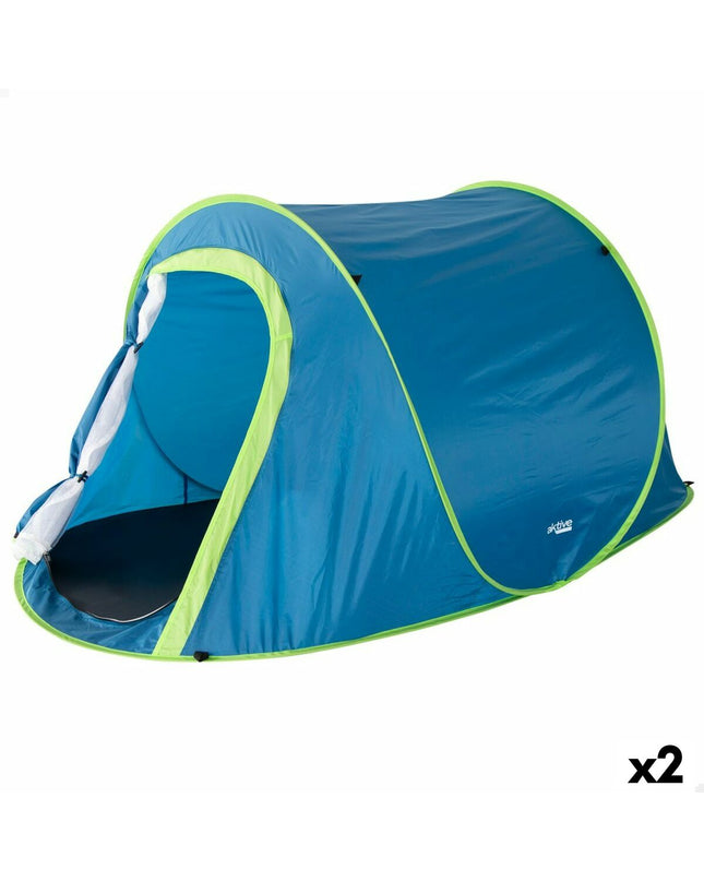 Two Aktive camping tents in green with mesh windows, set up outdoors for camping and outdoor activities.