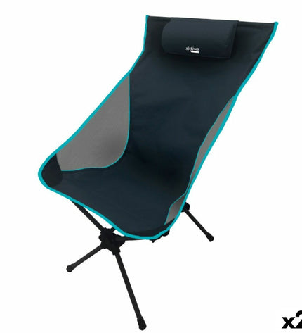 Pair of Aktive foldable camping chairs in black, lightweight and portable for outdoor camping and hiking adventures.