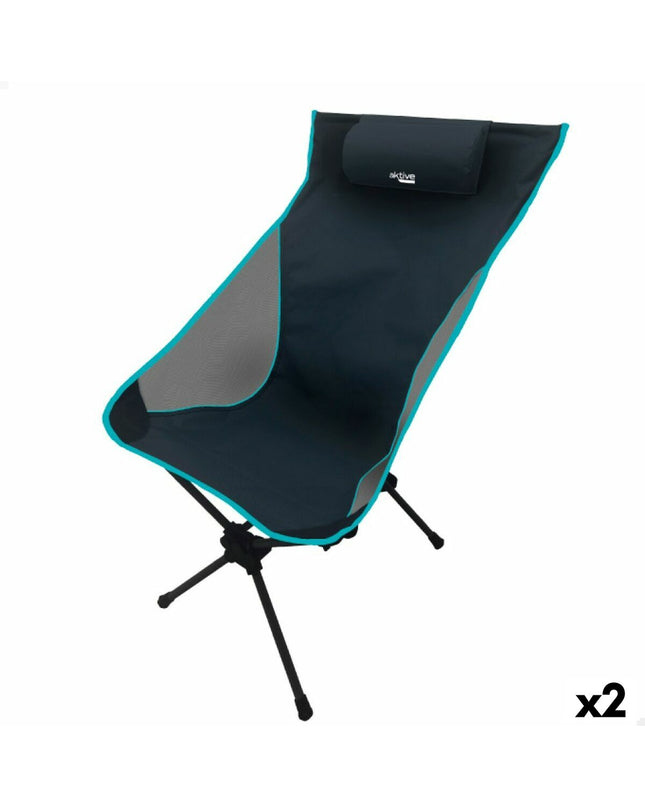 Pair of Aktive foldable camping chairs in black, lightweight and portable for outdoor camping and hiking adventures.