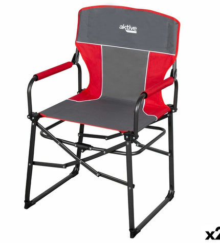 Pair of Aktive foldable camping chairs in black with armrests, compact design for outdoor camping and hiking.