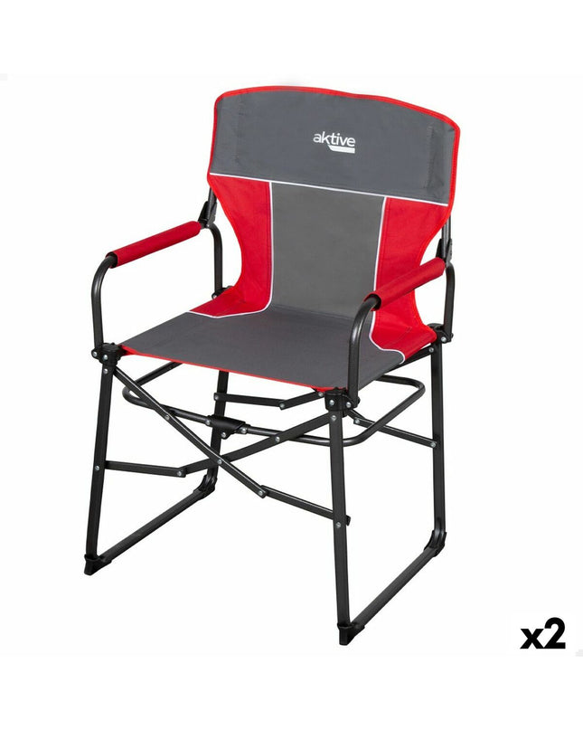 Pair of Aktive foldable camping chairs in black with armrests, compact design for outdoor camping and hiking.