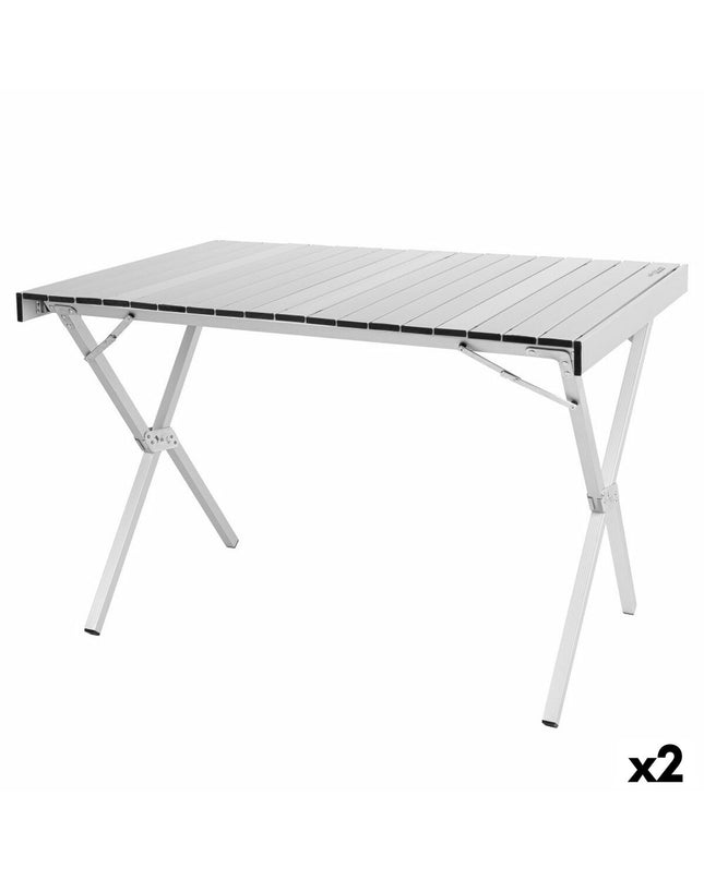 Pair of Aktive Vouwtafel camping tables, 108x72x71 cm, lightweight outdoor and camping furniture for travel and outdoor activities.