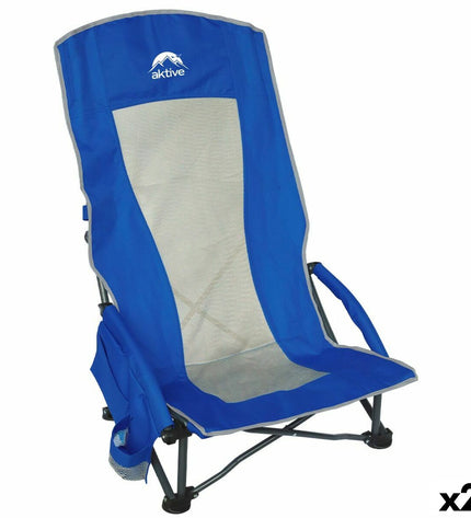 Pair of Aktive foldable camping chairs for outdoor camping and hiking, lightweight and portable with fabric seats and sturdy frames.