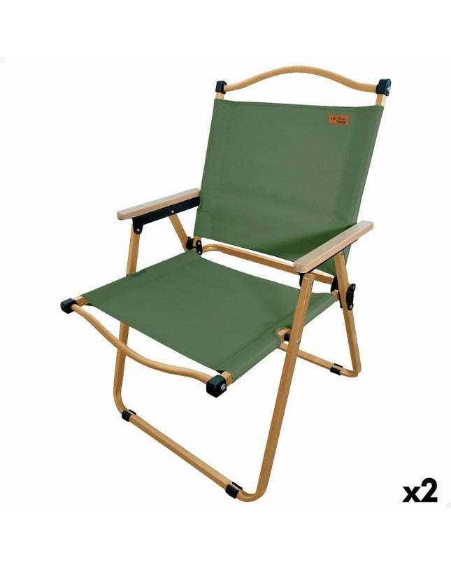 Pair of Aktive foldable camping chairs for outdoor camping and hiking, lightweight and portable for outdoor activities.
