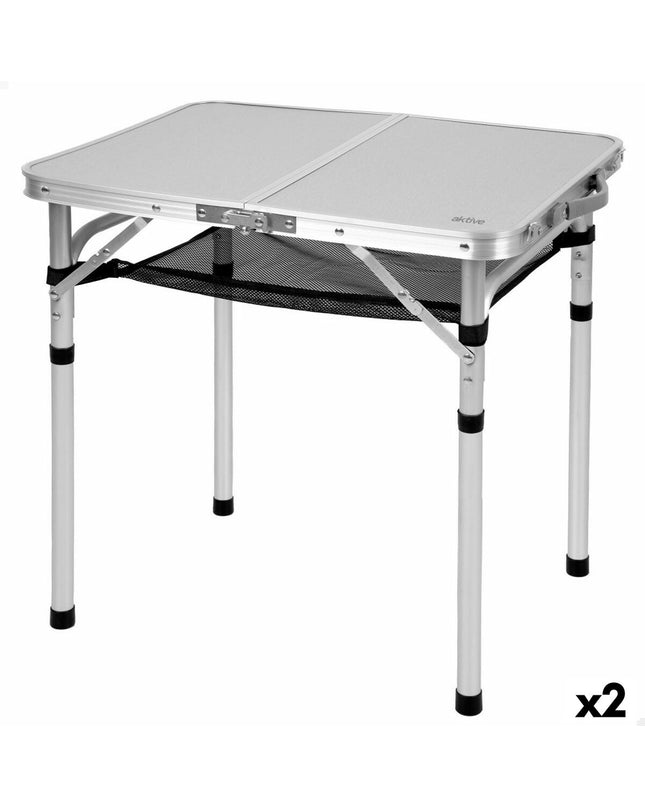 Two compact Aktive foldable tables for outdoor camping and hiking, shown in a folded and unfolded state.