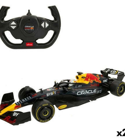 Red Bull remote control police car toy set, 1:12 scale, featuring red and blue police vehicle with detailed design.