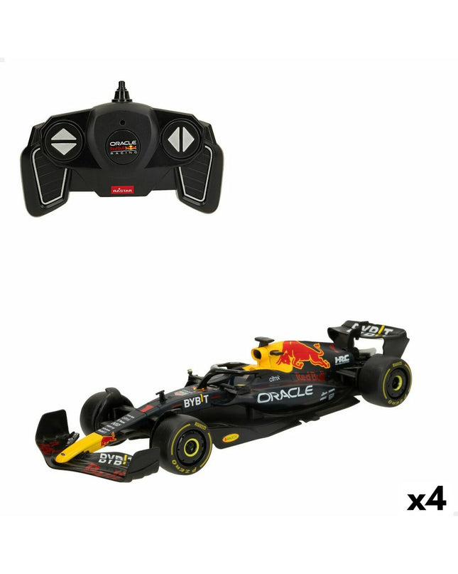 Set of four Red Bull remote-controlled police cars in marine blue, 1:18 scale, measuring 31 x 6.5 x 11 cm each.
