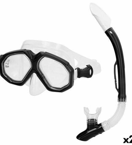 Pair of AquaSport black kids' and adults' snorkel masks and snorkel tubes for water sports, outdoor swimming and snorkeling.