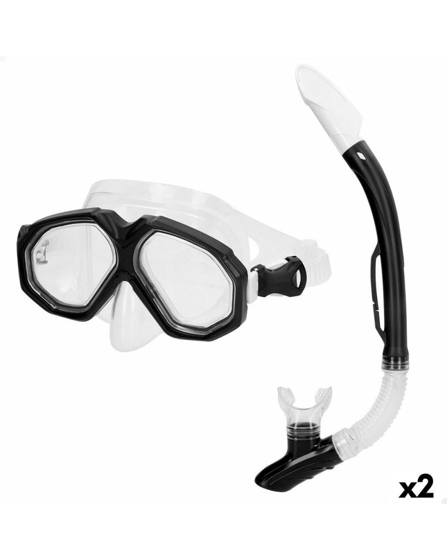 Pair of AquaSport black kids' and adults' snorkel masks and snorkel tubes for water sports, outdoor swimming and snorkeling.