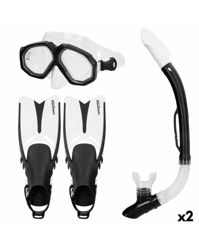 Pair of AquaSport black adult diving masks with snorkels and fins, suitable for watersport activities and outdoor swimming.