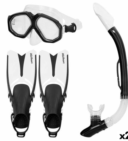 AquaSport black adult diving mask with snorkel and swimming fins, shown in a close-up image of the water sport gear set.