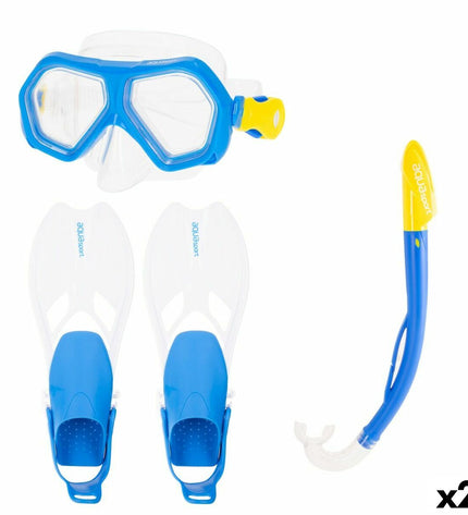 AquaSport blue junior diving goggles with snorkel and swimming fins, suitable for watersport activities, shown in the image.