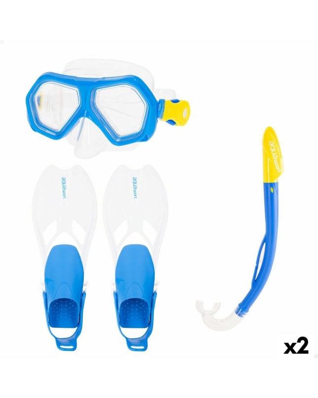 Blue junior AquaSport diving mask with snorkel and swim fins, designed for watersports and outdoor aquatic activities.