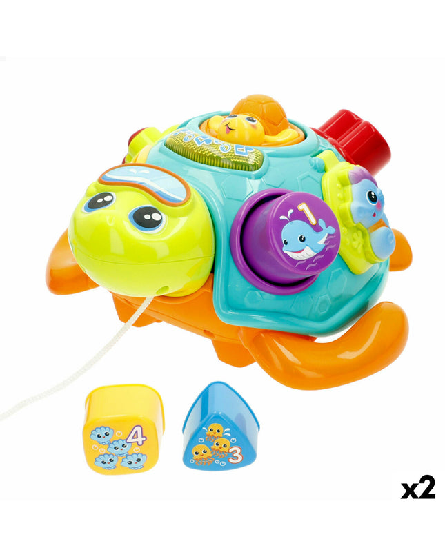 Two multicolored Winfun baby turtle plush toys, 23x12x23 cm, soft and playful speelfgoed for young children.