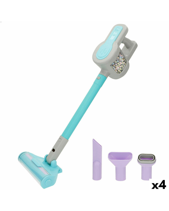 Set of four BigBuy Kids toy vacuum cleaners, 17x56x11 cm, colorful play cleaning tools for pretend cleaning games.