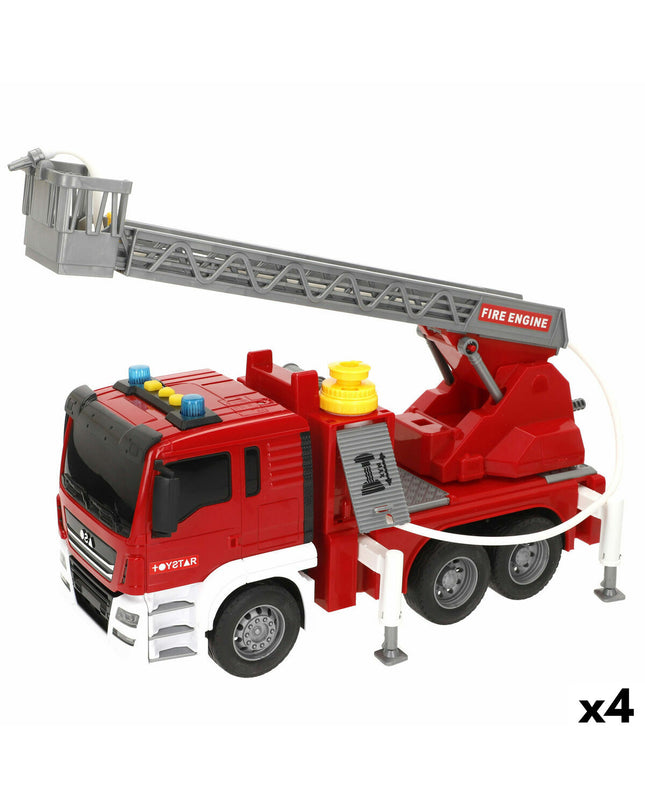 Set of four Speed & Go fire truck toys with lights and sound, each approximately 34x25x12 cm, designed for children's play.