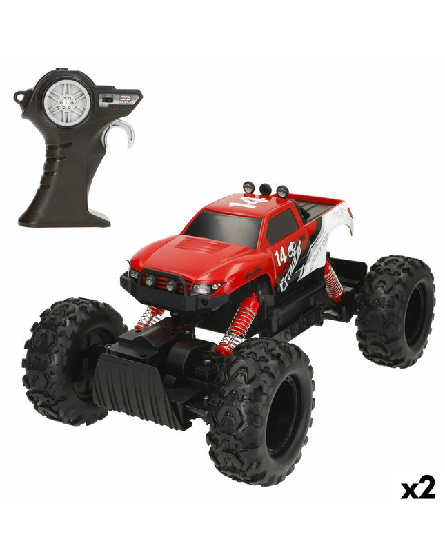 Two Maisto remote control cars, toy vehicles for children, shown in the image with colorful designs and remote controls.