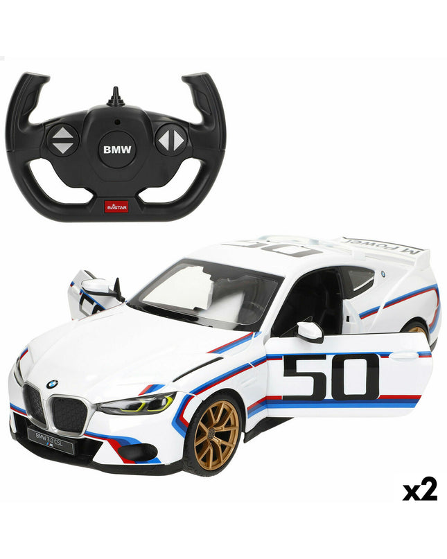 Two BMW police car toys with remote control in blue and red, 1:14 scale, measuring 34x10x13.5 cm, suitable for children.