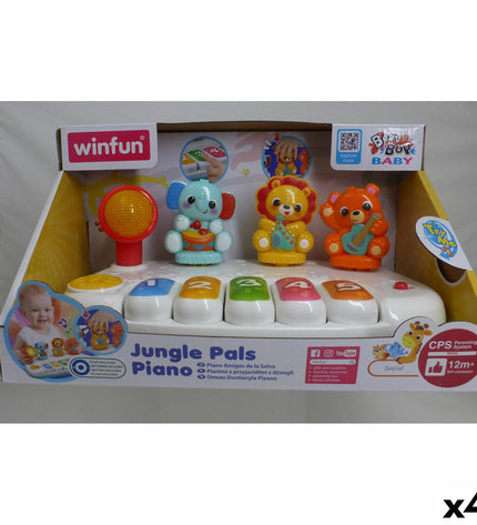 Set of four Winfun toy pianos, colorful children's musical instruments, 26x11x15 cm, made of plastic for kids' play and learning.