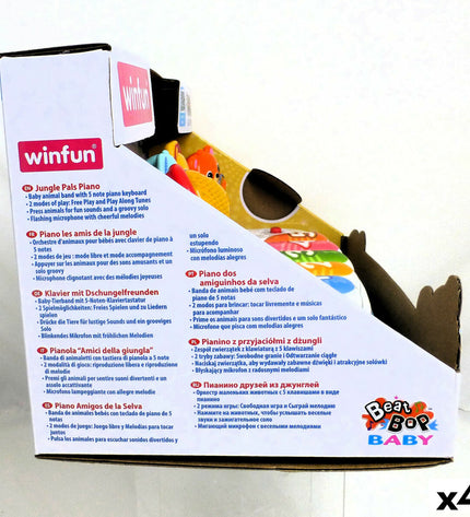 Four Winfun toy pianos for children, each measuring 26x11x15 cm, designed for playful music and instrument learning.