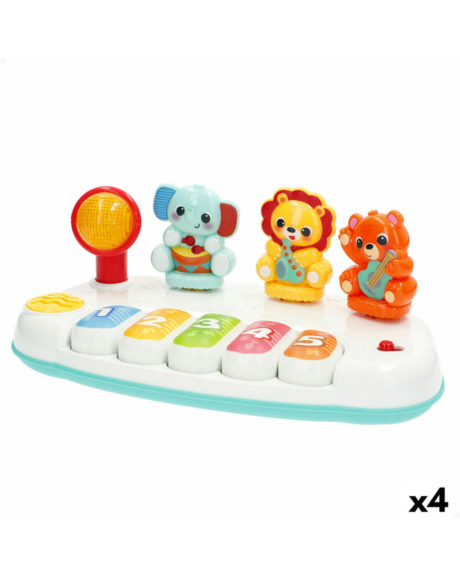 Set of four Winfun toy pianos for kids, measuring 26x11x15 cm, colorful musical instruments designed for children’s play and learning.