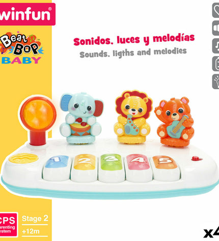 Four Winfun toy pianos, colorful mini musical instruments for kids, measuring 26x11x15 cm, perfect for children's play and learning.