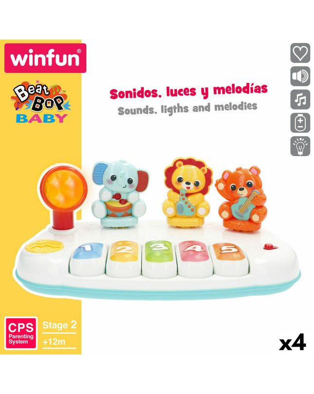 Four Winfun toy pianos, colorful mini musical instruments for kids, measuring 26x11x15 cm, perfect for children's play and learning.