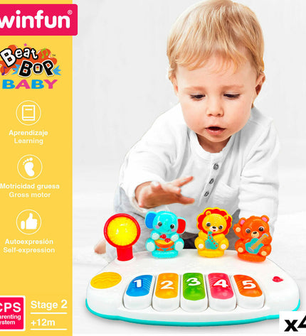 Four Winfun toy pianos, 26x11x15 cm, colorful children's musical instruments with keys and playful design.